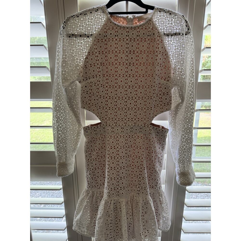 🔴Michael Michael Kors Women's Geo Eyelet Cutout Ruffled Dress White, US 4 - Picture 2 of 8